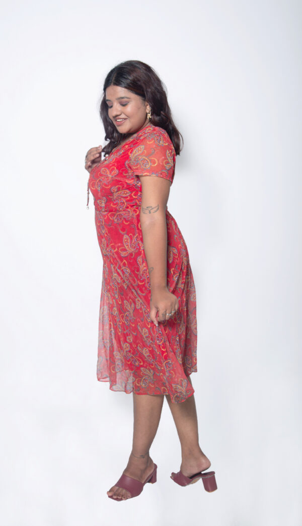 RED CHIFFON SELF PRINTED ONE PIECE