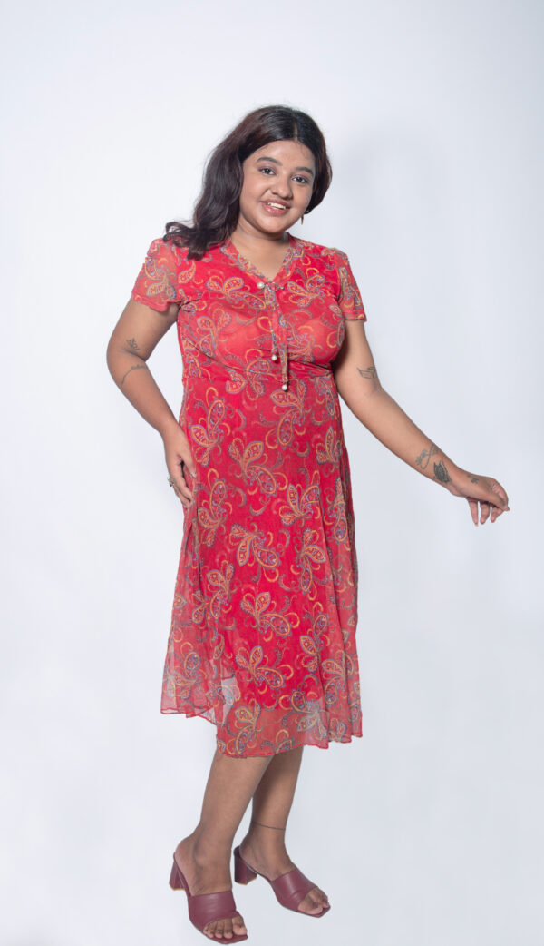 RED CHIFFON SELF PRINTED ONE PIECE - Image 3