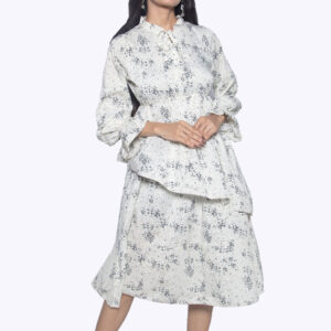 WHITE FLORAL CHIFFON ONE PIECE CHINESE COLLAR