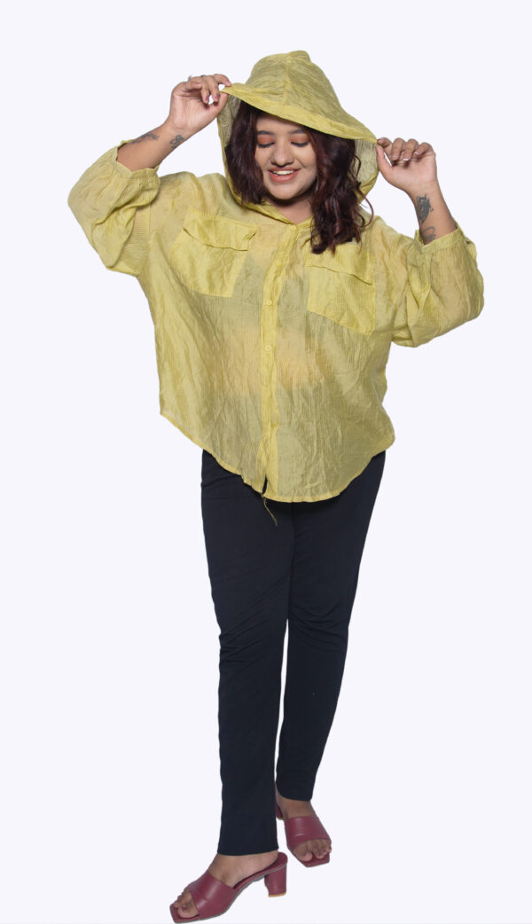 YELLOW SATIN CASUAL SHIRT WITH HOODIE - Image 2