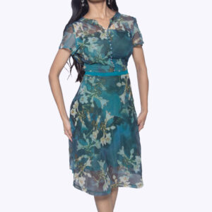 PEACOCK BLUE FLORAL PRINT CHIFFON ONE PIECE