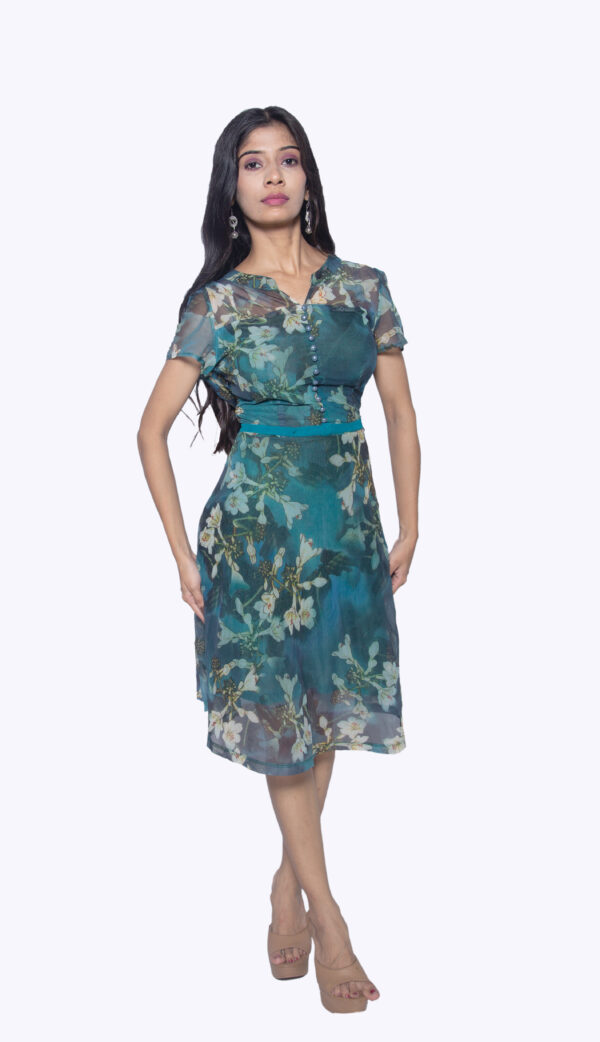 PEACOCK BLUE FLORAL PRINT CHIFFON ONE PIECE