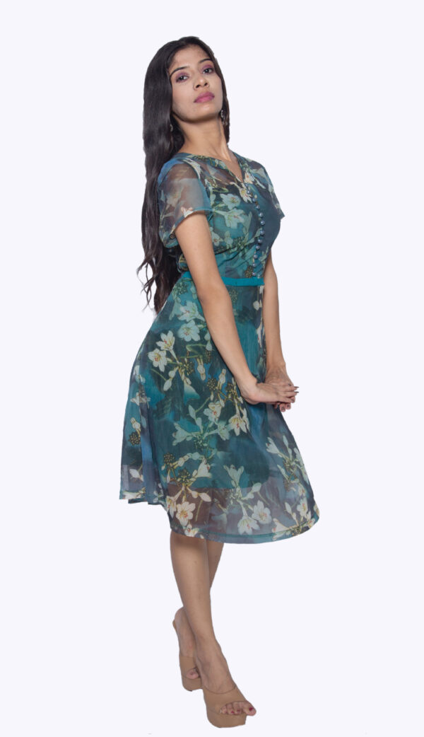 PEACOCK BLUE FLORAL PRINT CHIFFON ONE PIECE - Image 2