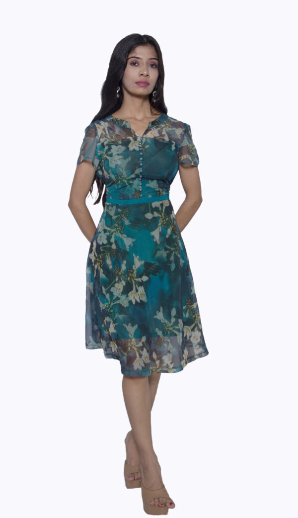 PEACOCK BLUE FLORAL PRINT CHIFFON ONE PIECE - Image 3