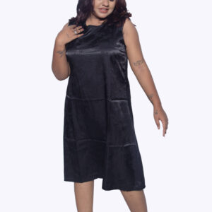 BLACK SATIN SELF PRINTED SLEEVELESS ONE PIECE